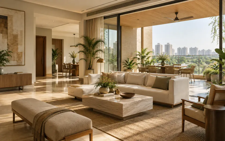 A light-filled contemporary apartment interior overlooking a green residential neighbourhood